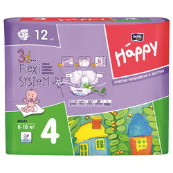 Подгузники для детей BELLA Happy Maxi 12 шт, вес 8-18 кг (4 мес)