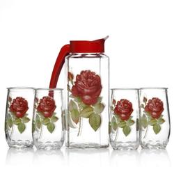 Набор 5 предметов Призма (Кувшин +4 стакана) с деколью Роза красная